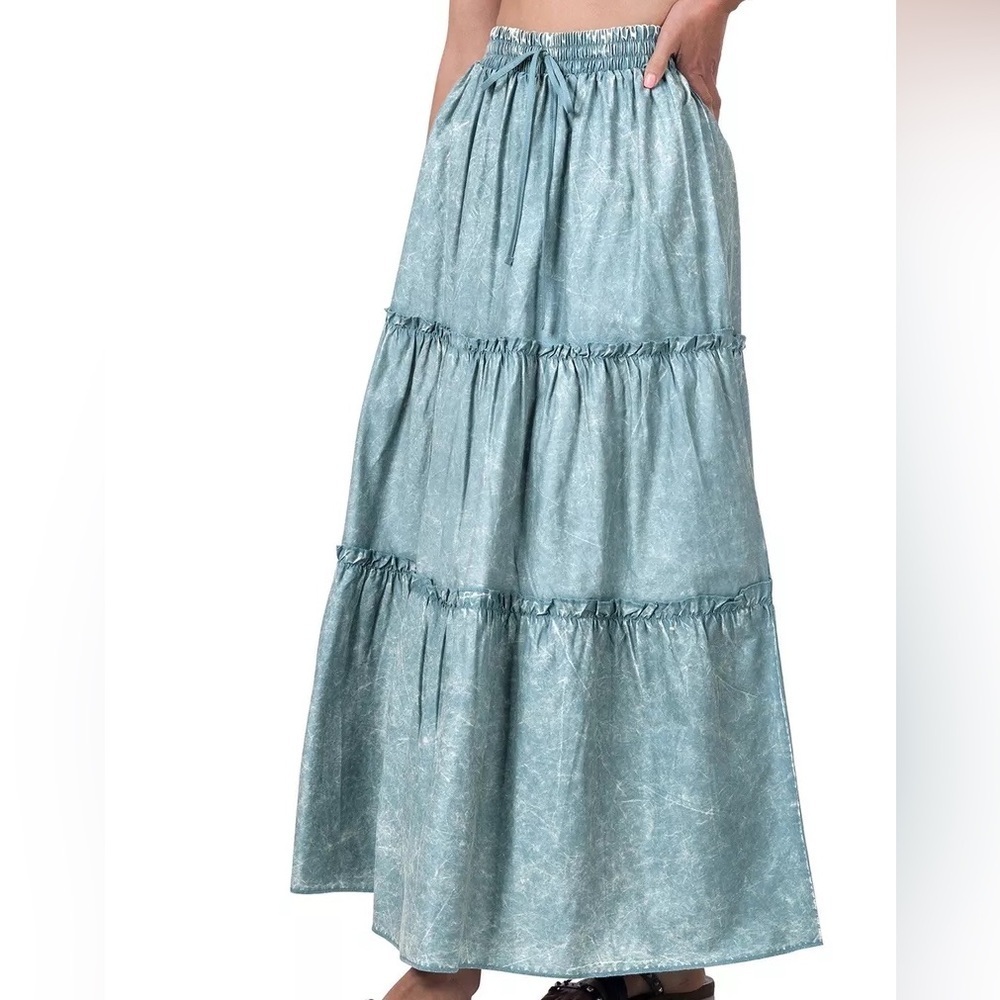Nwt Zenana Maxi Skirt Blue Gray Mineral Wash Tiered Boho Drawstring Waist